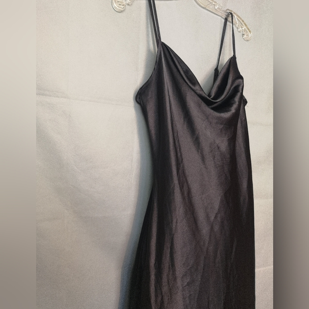 Vintage | Black Slip Satin Cowl Neck Spaghetti Strap Midi Dress - Picture 6 of 12